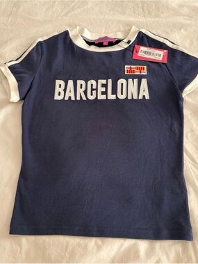 Edikted Navy Short Sleeve Tee with White 'Barcelona' Lettering